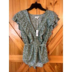 Max Studio Ruffle Sleeve Tie Waist Green Floral Blouse READ NWT Size XL (5942)